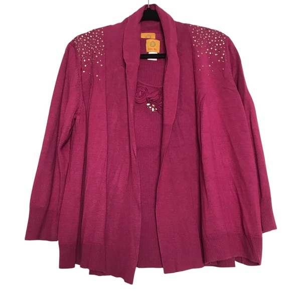 Ruby Rd. Pink Gold Studded Cardigan 3D Flower Detail Tank Set Womens Sz L Artsy - Picture 1 of 9